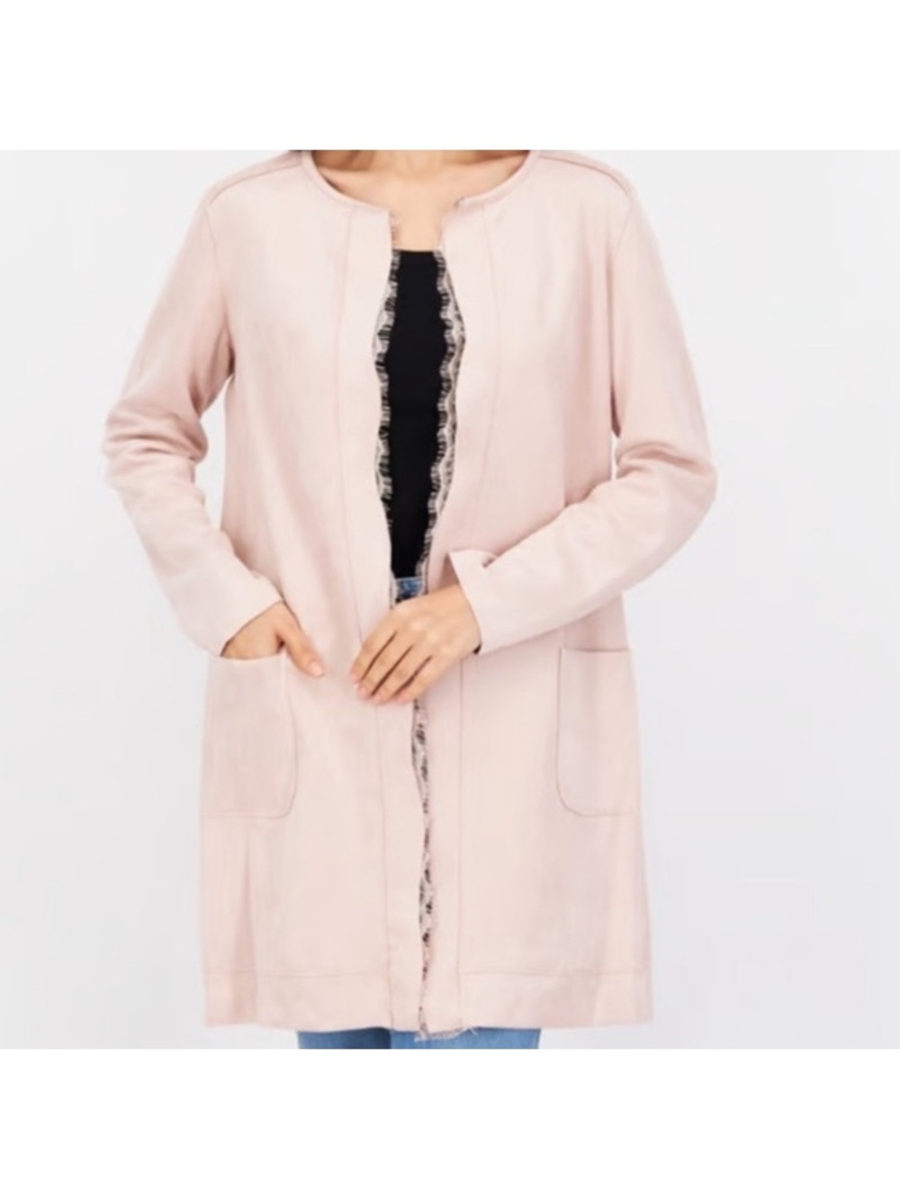 LIKE NEW!CARMEN BY CARMEN MARC VALVO FAUX SUEDE RAW EDGE LONG CARDIGAN COAT
